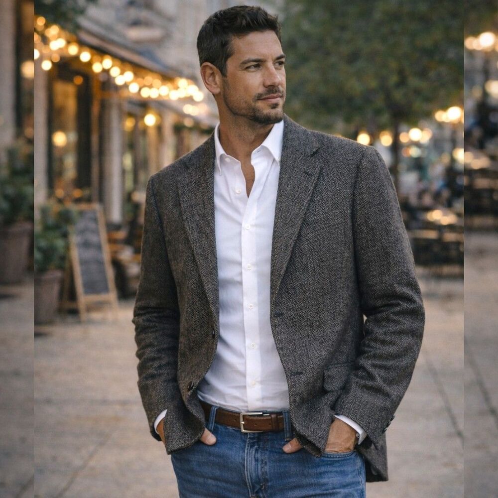 Wall Street Collection Eddie Bauer 44L Gray Herringbone Wool Sport Coat Blazer